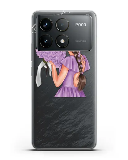 Именной чехол Девушка в сиреневом с букетом силиконовый для Xiaomi Poco F6 Pro