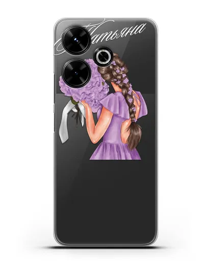 Именной чехол Девушка в сиреневом с букетом силиконовый для Xiaomi Poco M6