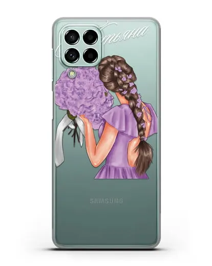 Именной чехол Девушка в сиреневом с букетом силиконовый для Samsung Galaxy M53 [SM-M536]