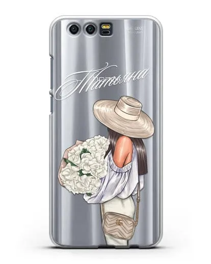 Именной чехол Девушка с белым букетом силиконовый для Honor 9