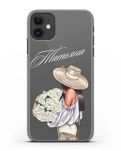 Именной чехол Девушка с белым букетом силиконовый для iPhone 11