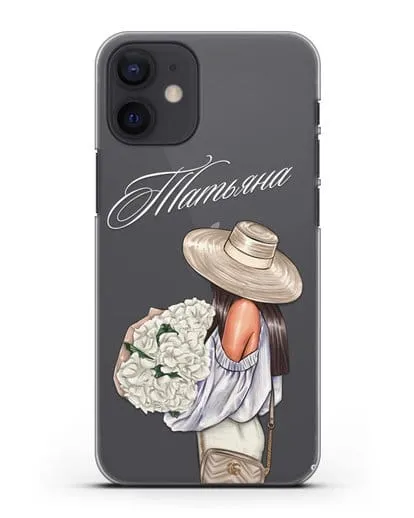 Именной чехол Девушка с белым букетом силиконовый для iPhone 12 mini
