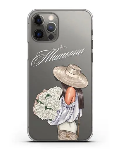 Именной чехол Девушка с белым букетом силиконовый для iPhone 12 Pro