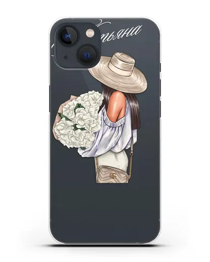 Именной чехол Девушка с белым букетом силиконовый для iPhone 13