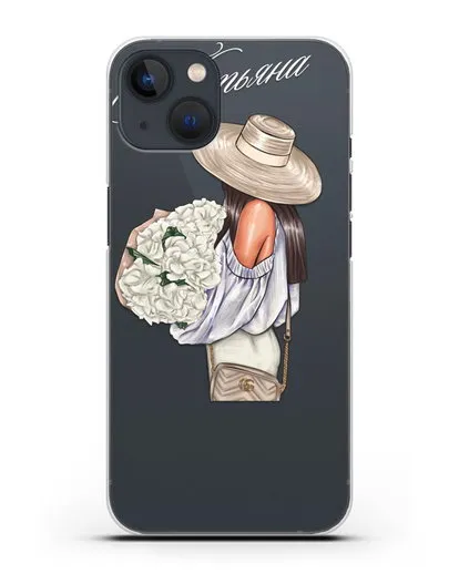 Именной чехол Девушка с белым букетом силиконовый для iPhone 13 Mini