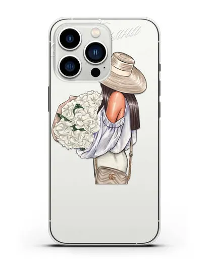 Именной чехол Девушка с белым букетом силиконовый для iPhone 13 Pro