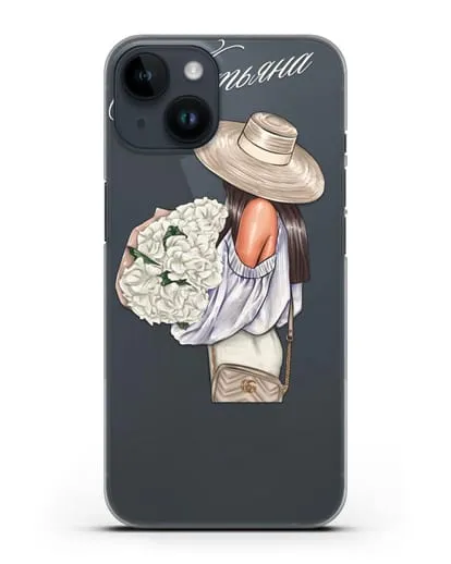 Именной чехол Девушка с белым букетом силиконовый для iPhone 14