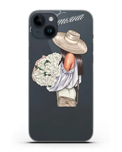 Именной чехол Девушка с белым букетом силиконовый для iPhone 14 Plus