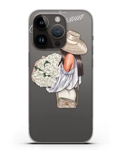 Именной чехол Девушка с белым букетом силиконовый для iPhone 14 Pro