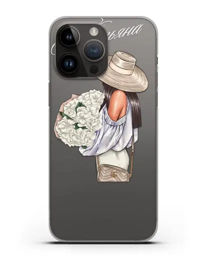 Именной чехол Девушка с белым букетом силиконовый для iPhone 14 Pro Max