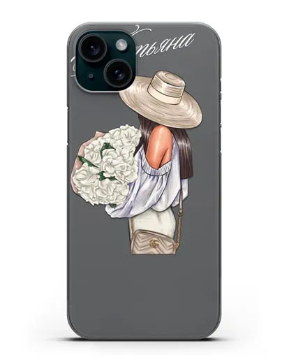 Именной чехол Девушка с белым букетом силиконовый для iPhone 15 Plus