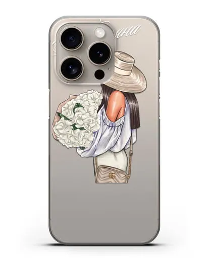 Именной чехол Девушка с белым букетом силиконовый для iPhone 15 Pro