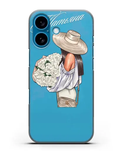 Именной чехол Девушка с белым букетом силиконовый для iPhone 16