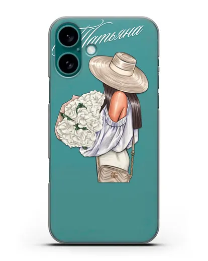 Именной чехол Девушка с белым букетом силиконовый для iPhone 16 Plus