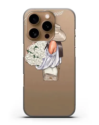 Именной чехол Девушка с белым букетом силиконовый для iPhone 16 Pro