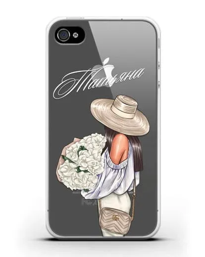 Именной чехол Девушка с белым букетом силиконовый для iPhone 4/4s