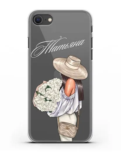 Именной чехол Девушка с белым букетом силиконовый для iPhone SE 2020