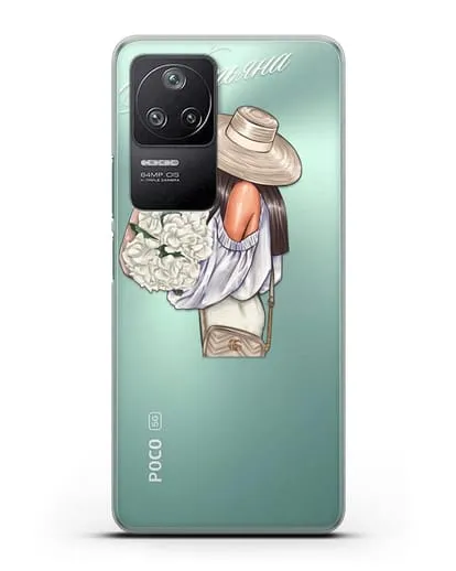 Именной чехол Девушка с белым букетом силиконовый для Xiaomi Poco F4