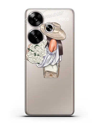 Именной чехол Девушка с белым букетом силиконовый для Xiaomi Poco F6