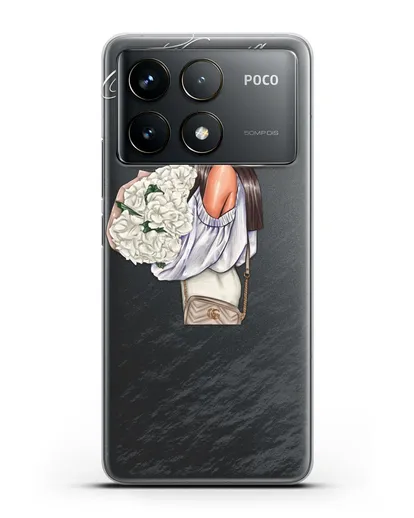 Именной чехол Девушка с белым букетом силиконовый для Xiaomi Poco F6 Pro