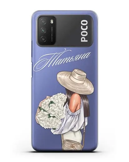 Именной чехол Девушка с белым букетом силиконовый для Xiaomi Poco M3