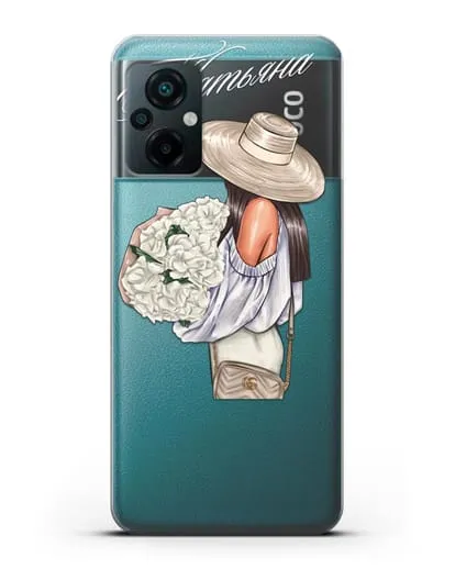 Именной чехол Девушка с белым букетом силиконовый для Xiaomi Poco M5