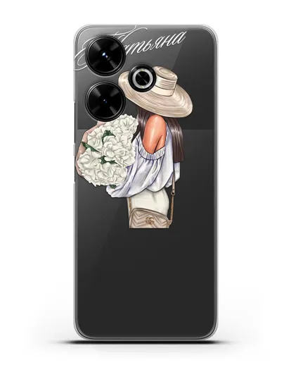 Именной чехол Девушка с белым букетом силиконовый для Xiaomi Poco M6