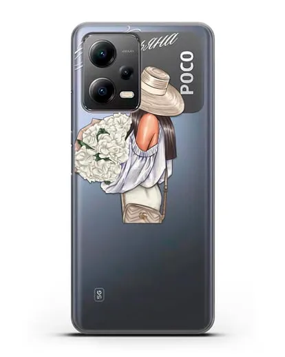 Именной чехол Девушка с белым букетом силиконовый для Xiaomi Poco X5