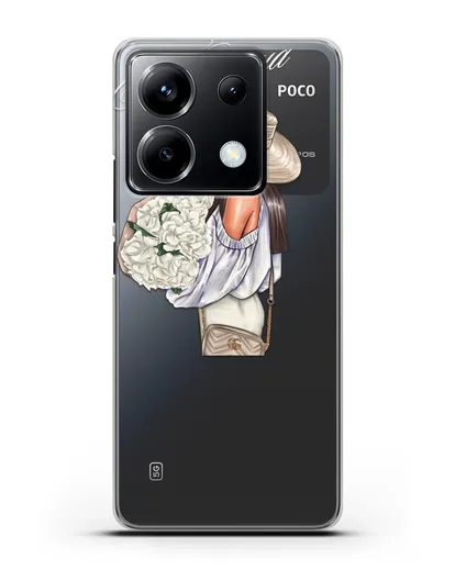 Именной чехол Девушка с белым букетом силиконовый для Xiaomi Poco X6