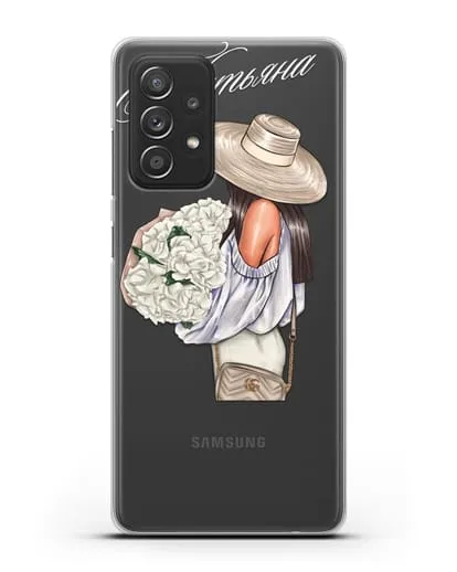 Именной чехол Девушка с белым букетом силиконовый для Samsung Galaxy A53