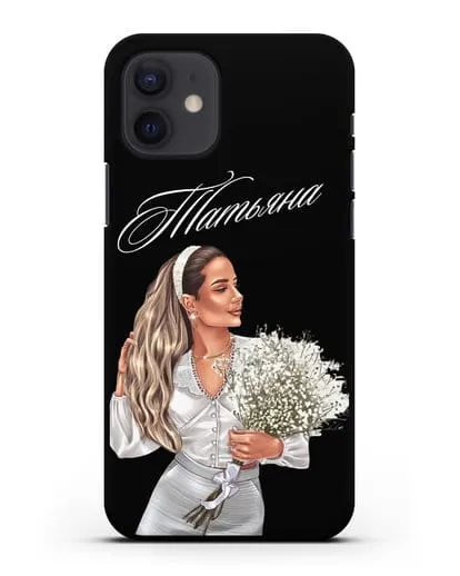 Именной чехол Девушка с цветами в белом силиконовый для iPhone 12