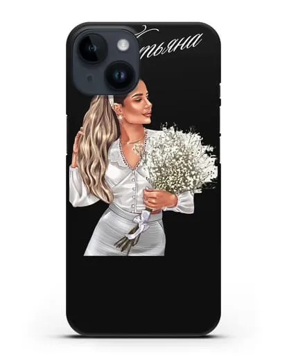 Именной чехол Девушка с цветами в белом силиконовый для iPhone 14