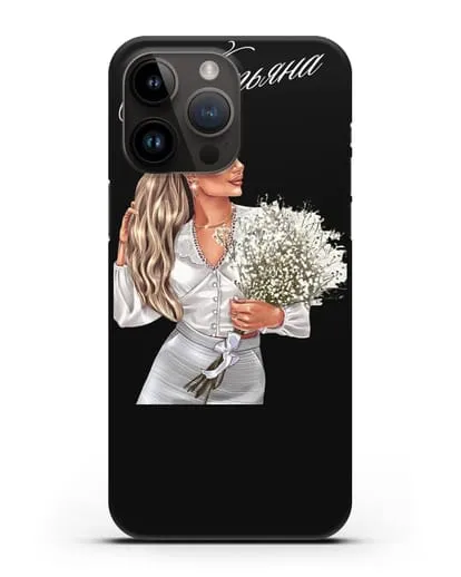 Именной чехол Девушка с цветами в белом силиконовый для iPhone 14 Pro Max