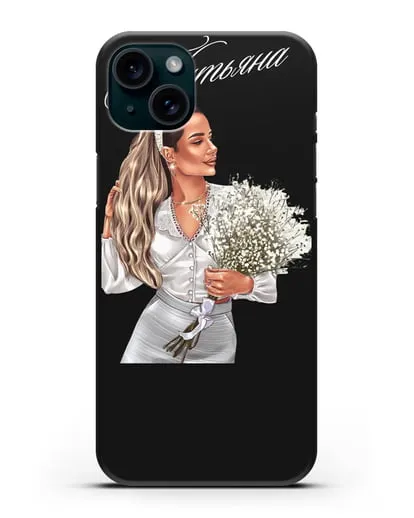 Именной чехол Девушка с цветами в белом силиконовый для iPhone 15 Plus