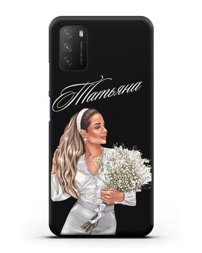 Именной чехол Девушка с цветами в белом силиконовый для Xiaomi Poco M3