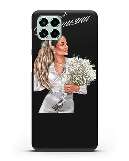 Именной чехол Девушка с цветами в белом силиконовый для Samsung Galaxy M53 [SM-M536]