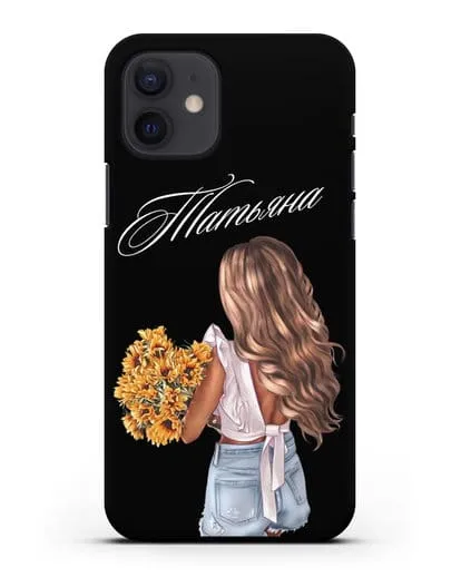 Именной чехол Девушка с подсолнухами силиконовый для iPhone 12