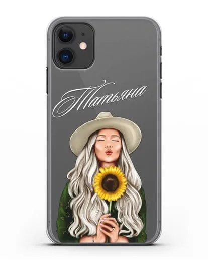 Именной чехол Девушка в шляпке с подсолнухом силиконовый для iPhone 11