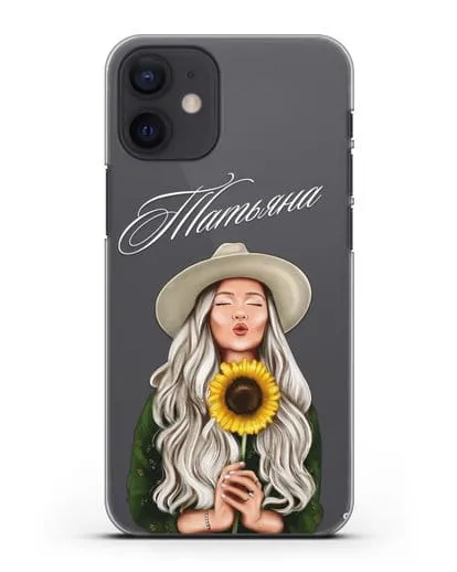 Именной чехол Девушка в шляпке с подсолнухом силиконовый для iPhone 12 mini