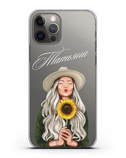 Именной чехол Девушка в шляпке с подсолнухом силиконовый для iPhone 12 Pro
