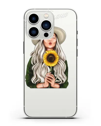 Именной чехол Девушка в шляпке с подсолнухом силиконовый для iPhone 13 Pro