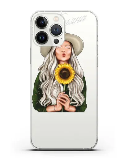 Именной чехол Девушка в шляпке с подсолнухом силиконовый для iPhone 13 Pro Max