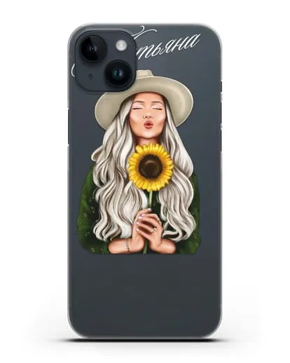 Именной чехол Девушка в шляпке с подсолнухом силиконовый для iPhone 14 Plus