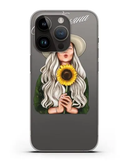 Именной чехол Девушка в шляпке с подсолнухом силиконовый для iPhone 14 Pro