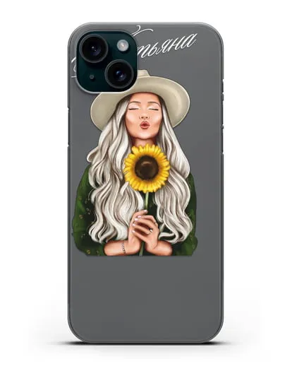 Именной чехол Девушка в шляпке с подсолнухом силиконовый для iPhone 15 Plus