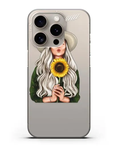 Именной чехол Девушка в шляпке с подсолнухом силиконовый для iPhone 15 Pro