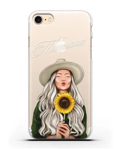 Именной чехол Девушка в шляпке с подсолнухом силиконовый для iPhone 7