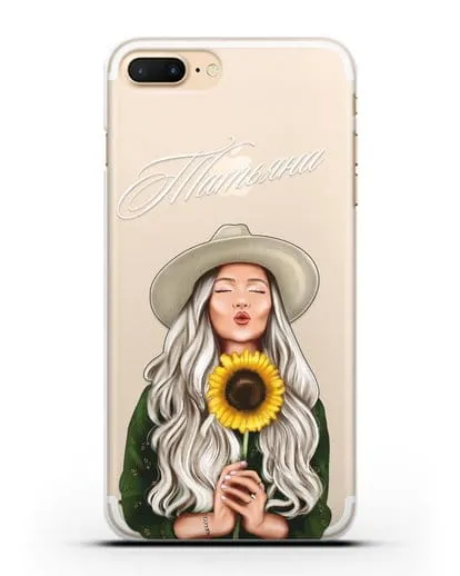 Именной чехол Девушка в шляпке с подсолнухом силиконовый для iPhone 8 Plus