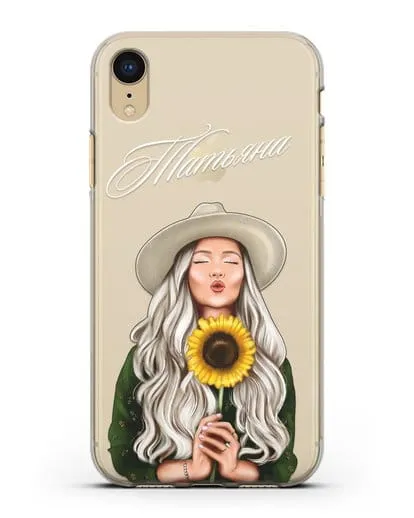 Именной чехол Девушка в шляпке с подсолнухом силиконовый для iPhone XR