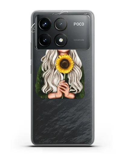 Именной чехол Девушка в шляпке с подсолнухом силиконовый для Xiaomi Poco F6 Pro
